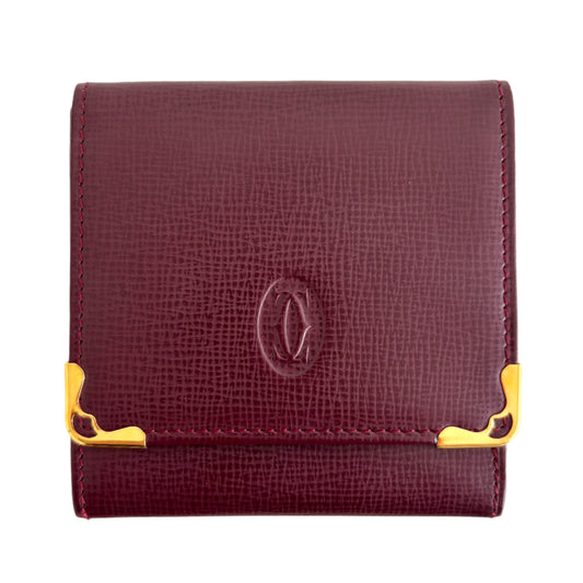 CARTIER Leather Coin Purse Square Burgundy