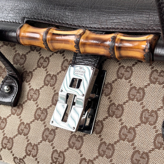 GUCCI Monogram Canvas Bamboo Bag Brown