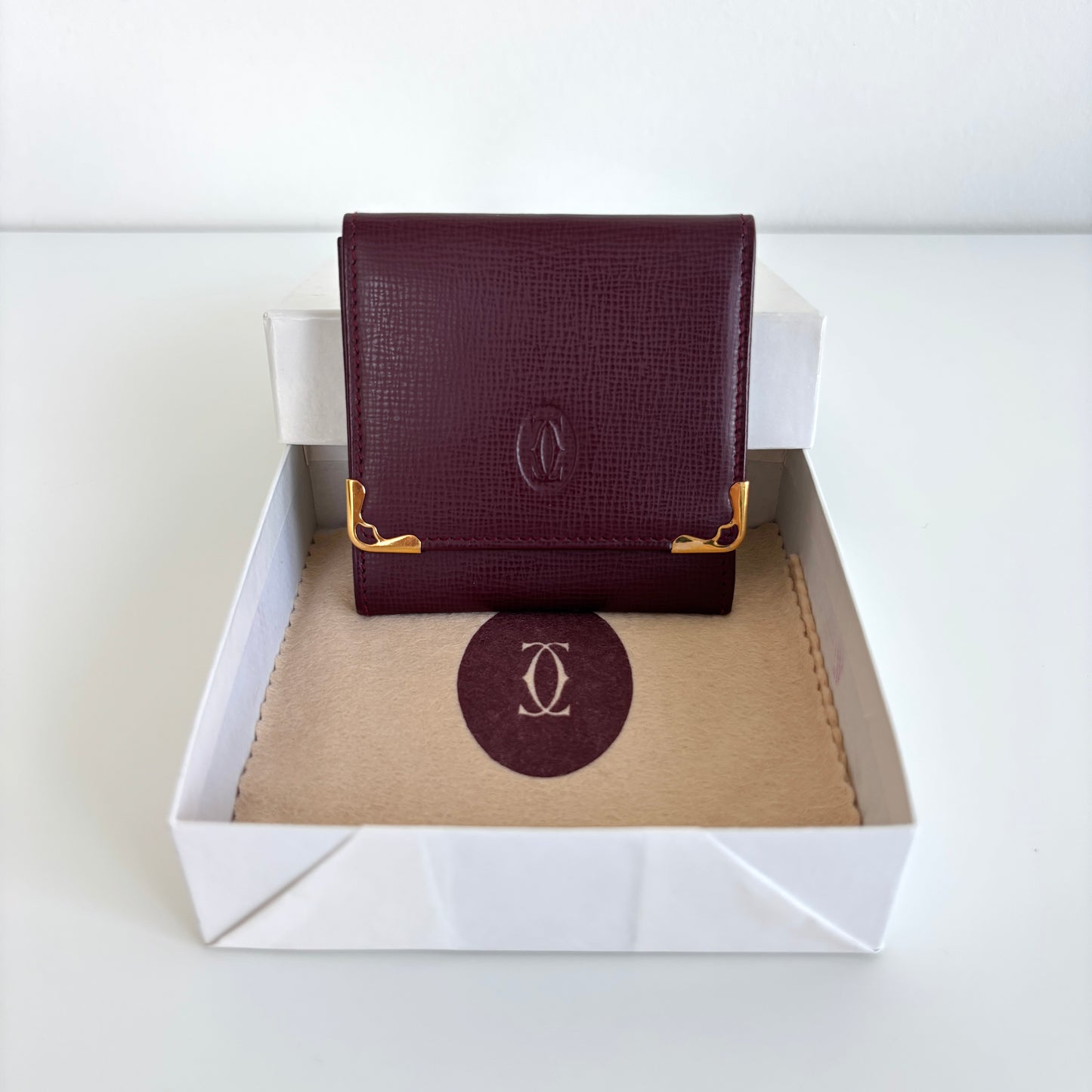 CARTIER Leather Coin Purse Square Burgundy