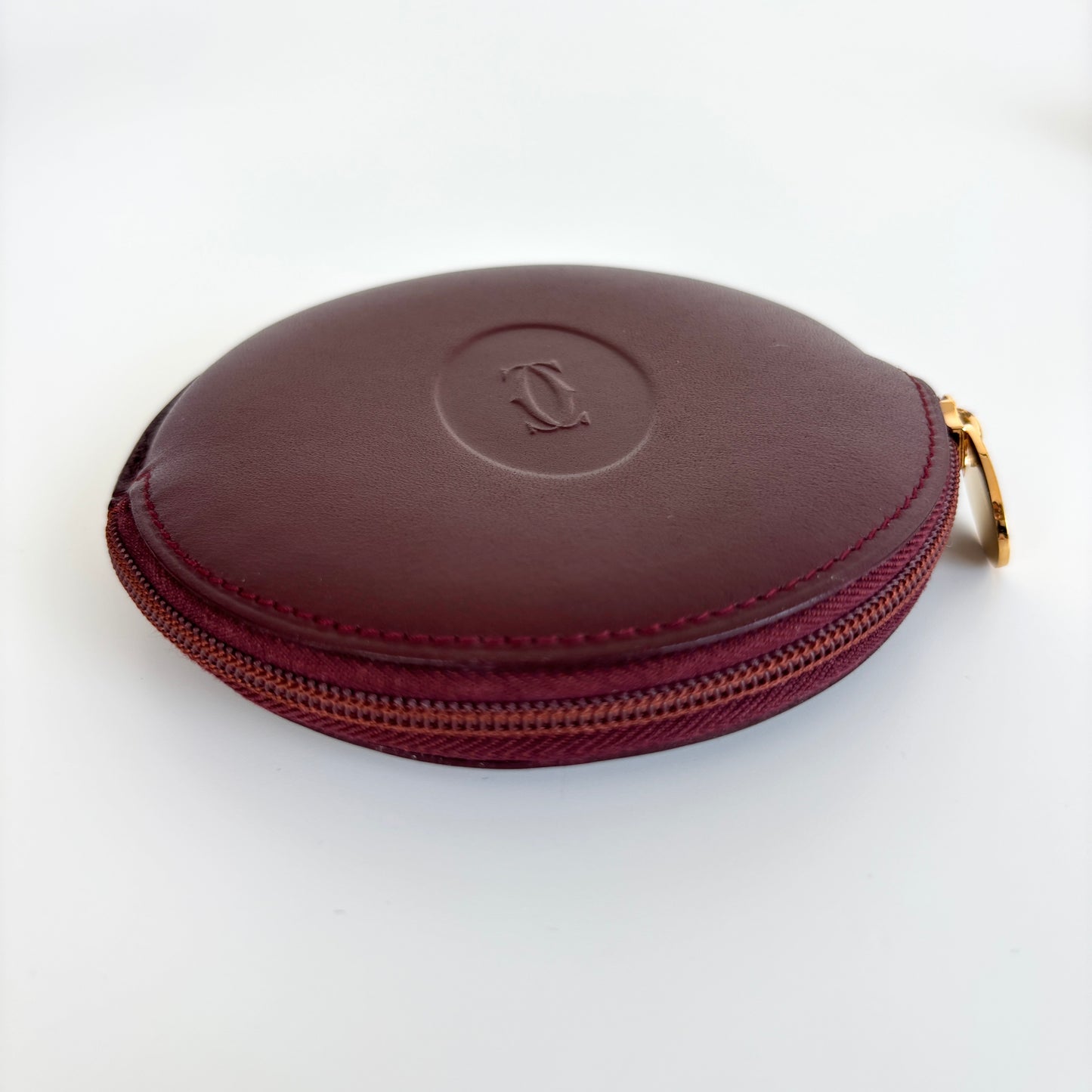 CARTIER Leather Coin Purse Round Burgundy