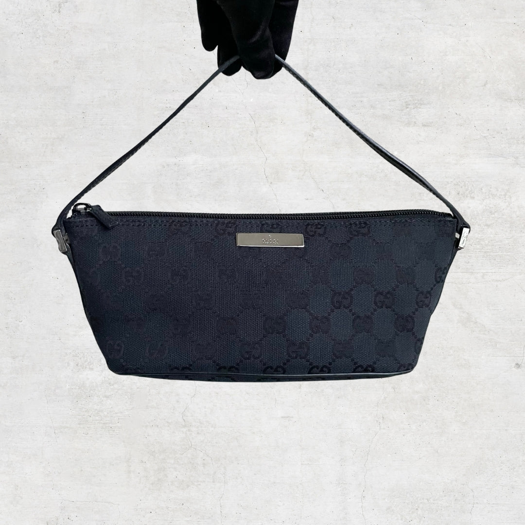 Gucci Black GG Logo Monogram Canvas Pochette Shoulder Bag Italy