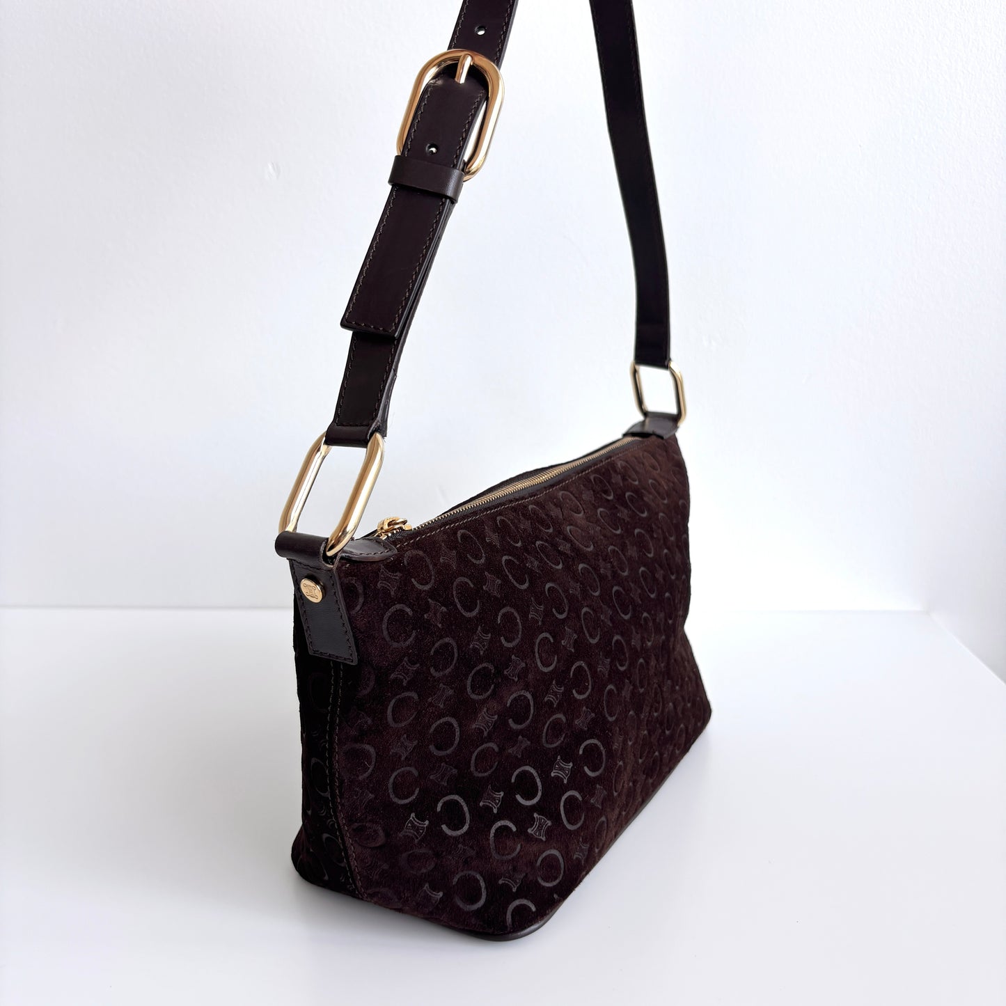 CELINE Macadam Suede Shoulder Bag Brown