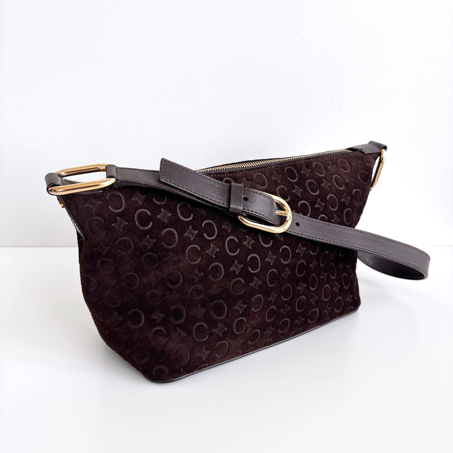 CELINE Macadam Suede Shoulder Bag Brown