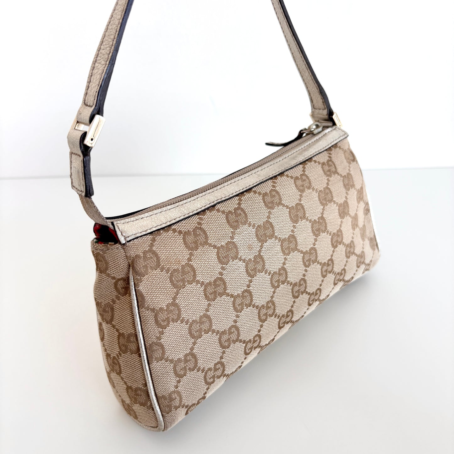 GUCCI Monogram Canvas Abbey Pochette Beige/Silver
