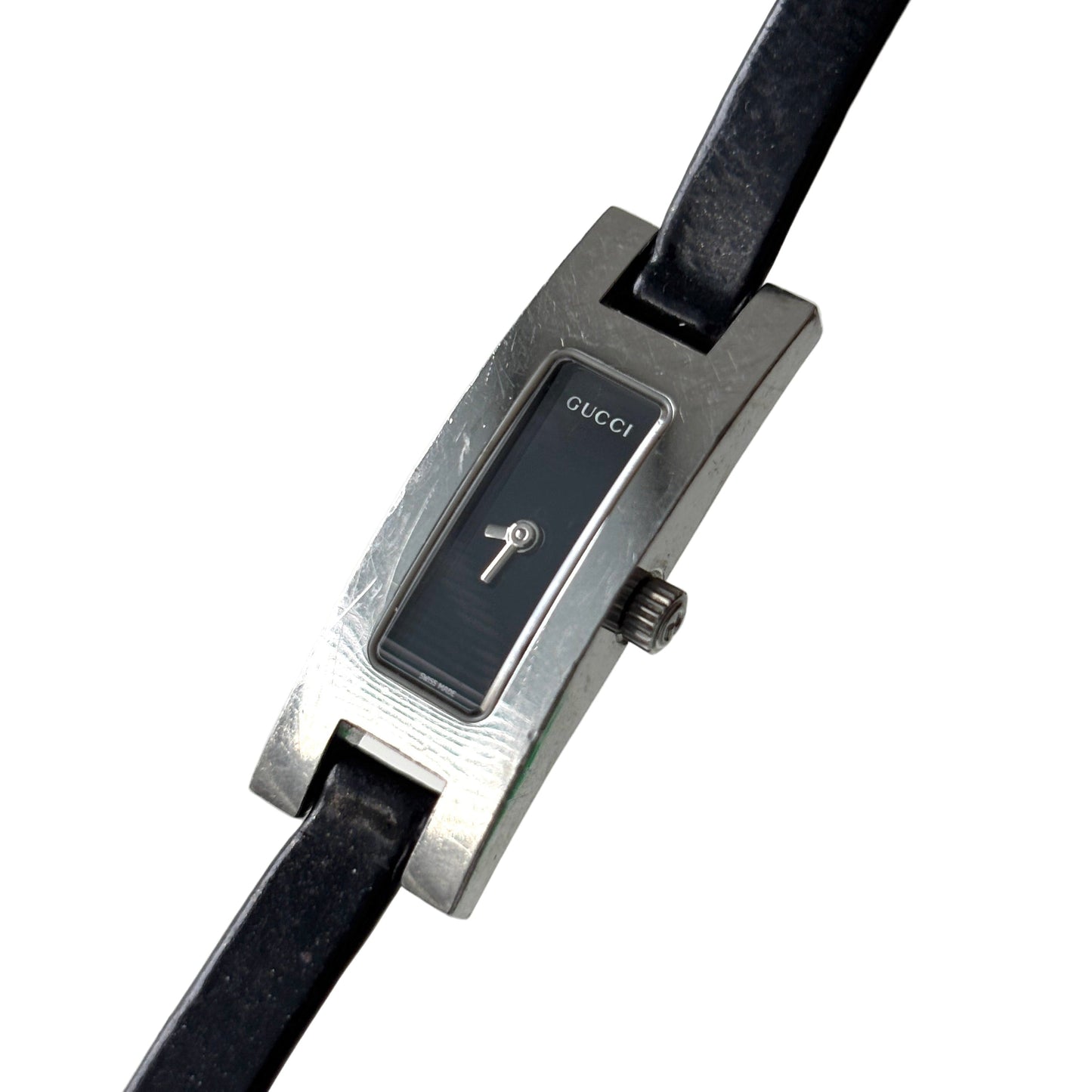GUCCI 3900L Steel Watch Silver Black Leather Strap