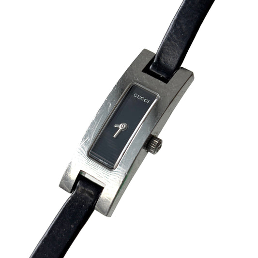 GUCCI 3900L Steel Watch Silver Black Leather Strap