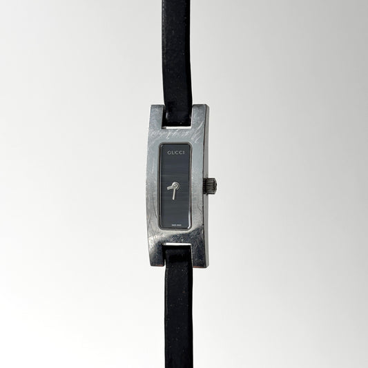 GUCCI 3900L Steel Watch Silver Black Leather Strap