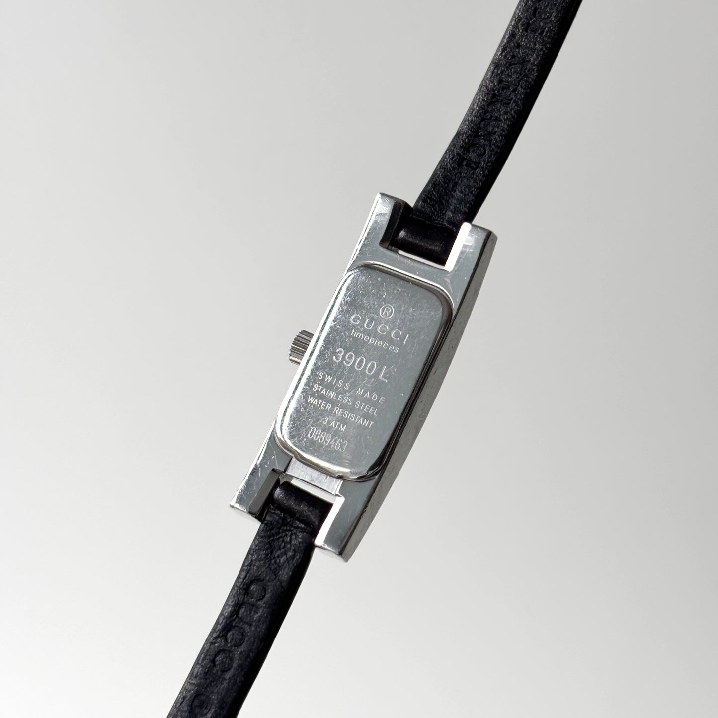 GUCCI 3900L Steel Watch Silver Black Leather Strap