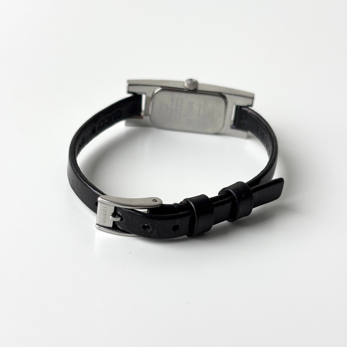 GUCCI 3900L Steel Watch Silver Black Leather Strap