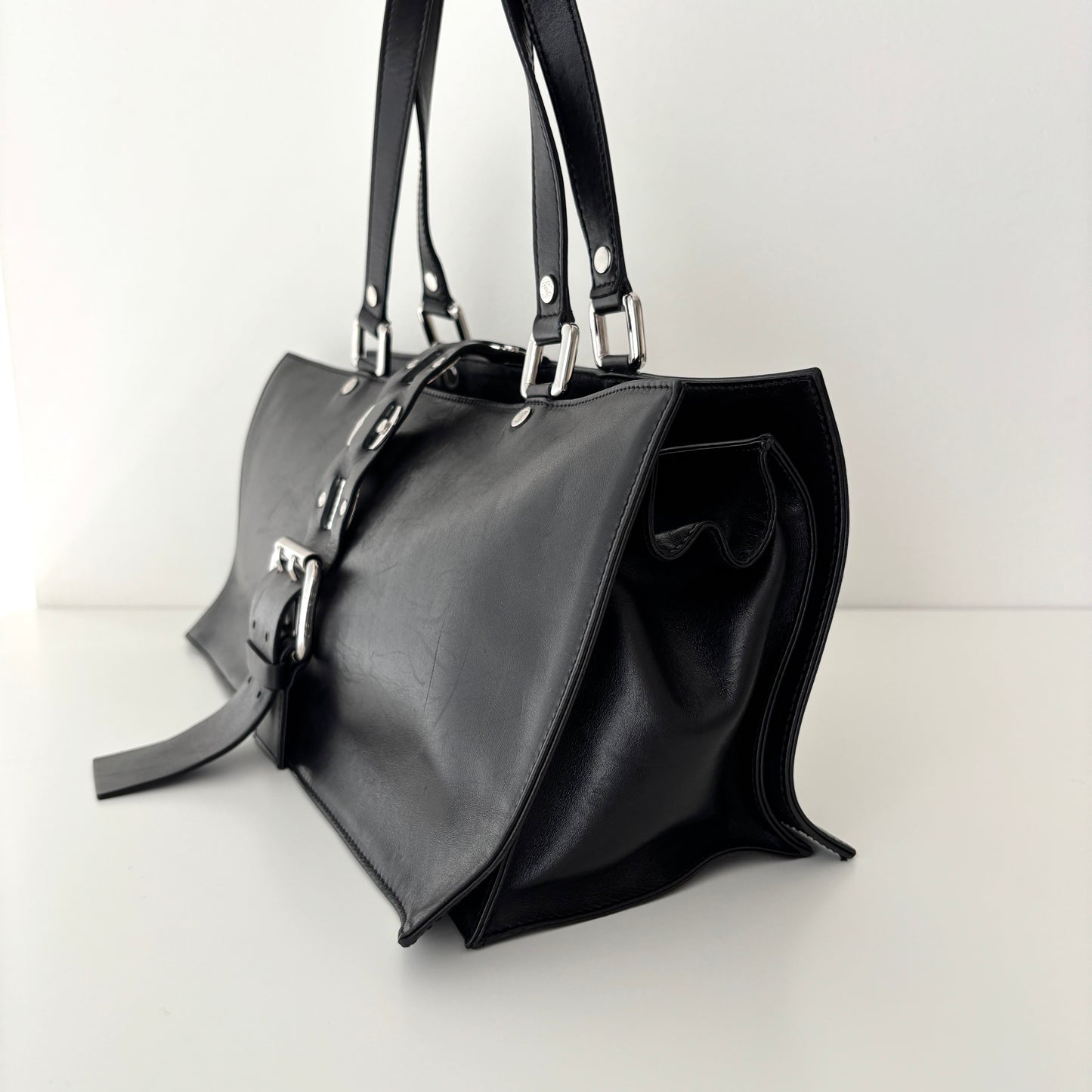 CELINE Metal Plate Buckle Leather Bag Black