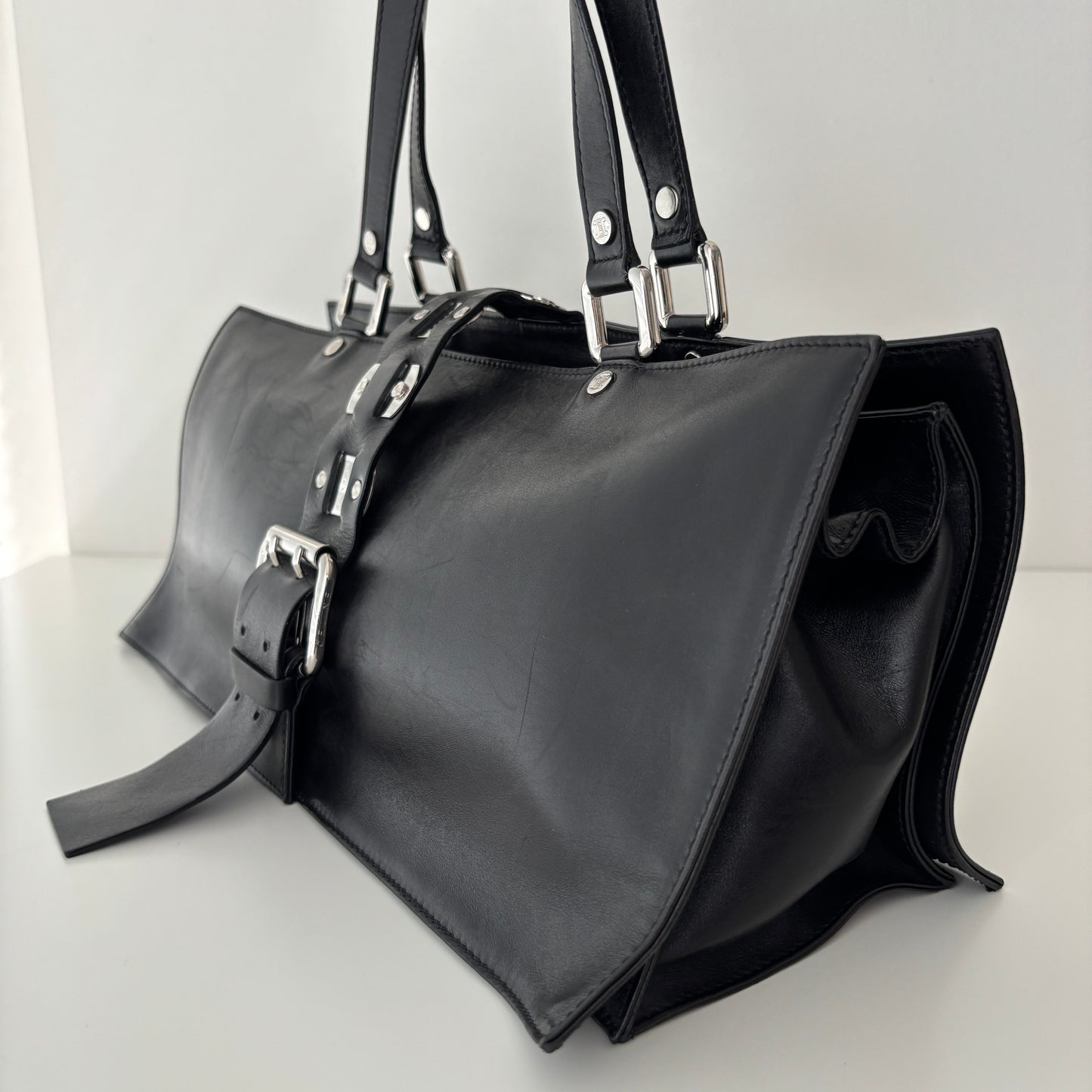 CELINE Metal Plate Buckle Leather Bag Black