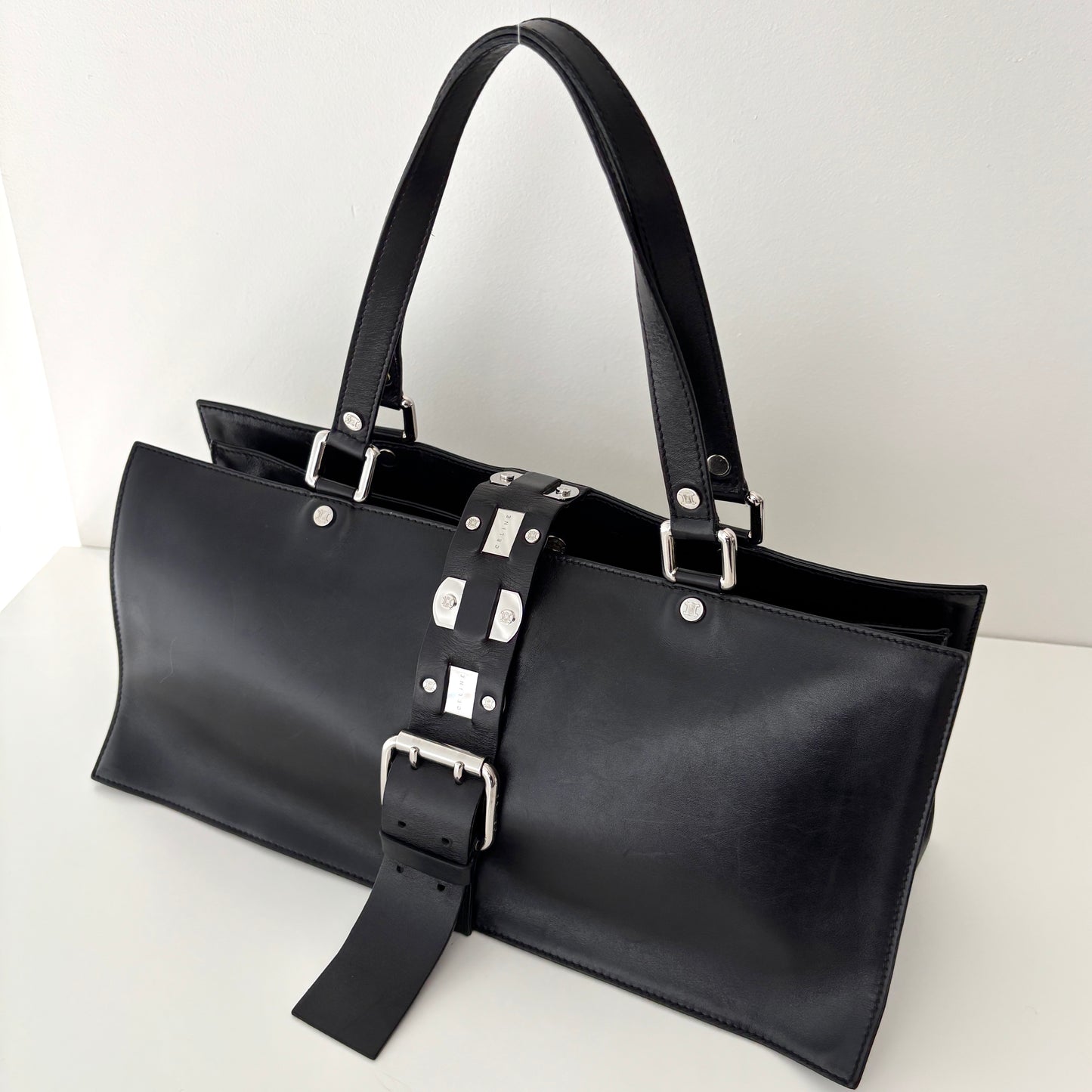 CELINE Metal Plate Buckle Leather Bag Black