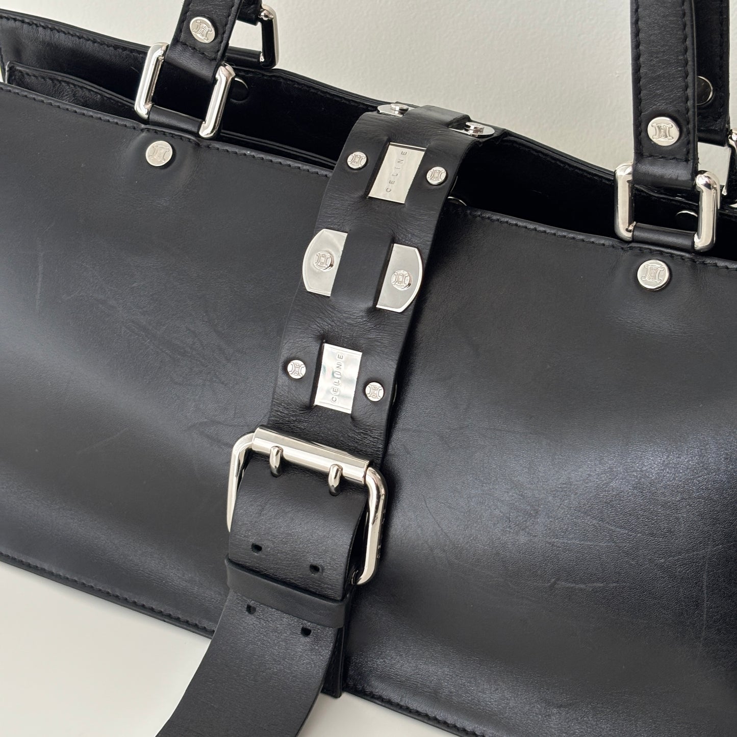 CELINE Metal Plate Buckle Leather Bag Black