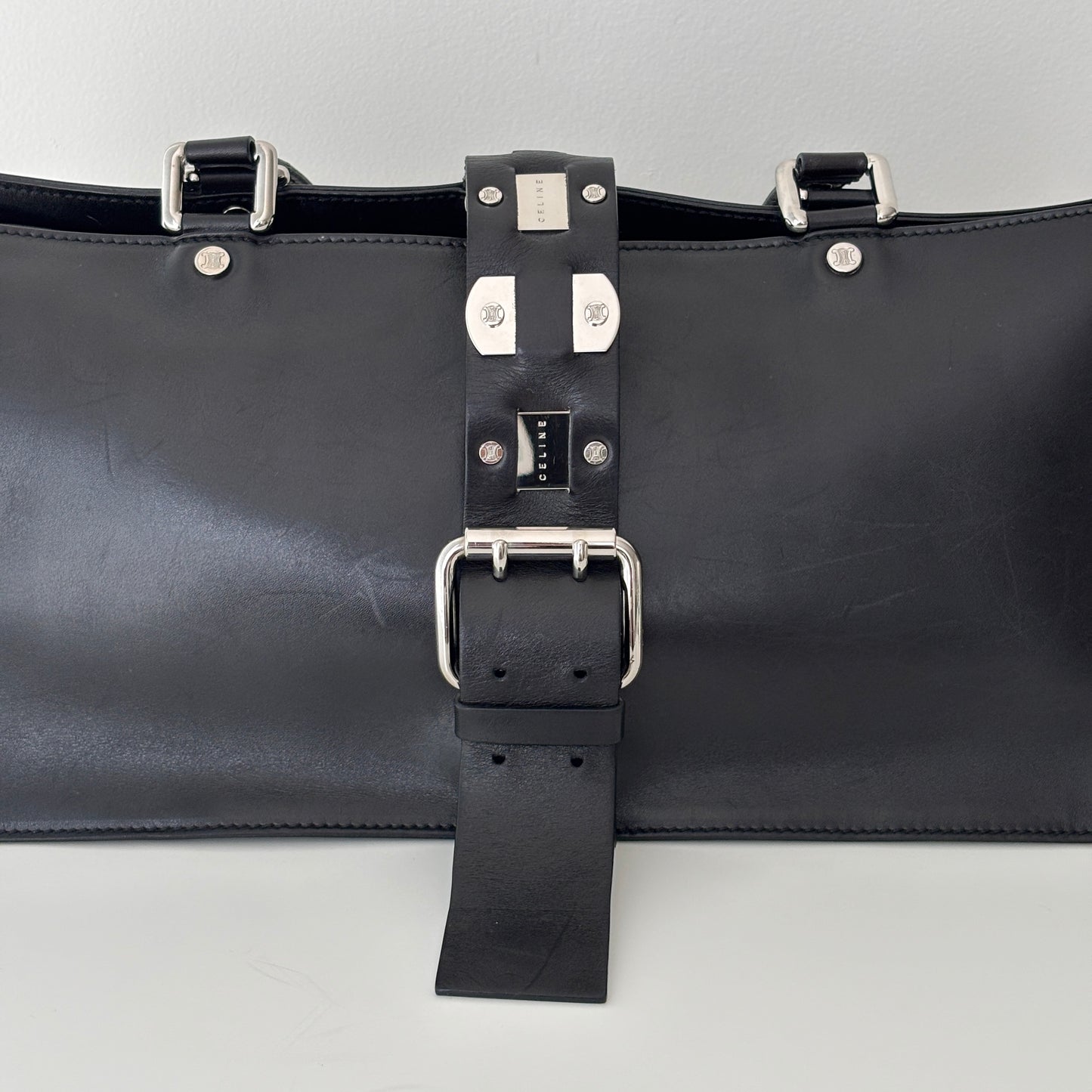 CELINE Metal Plate Buckle Leather Bag Black