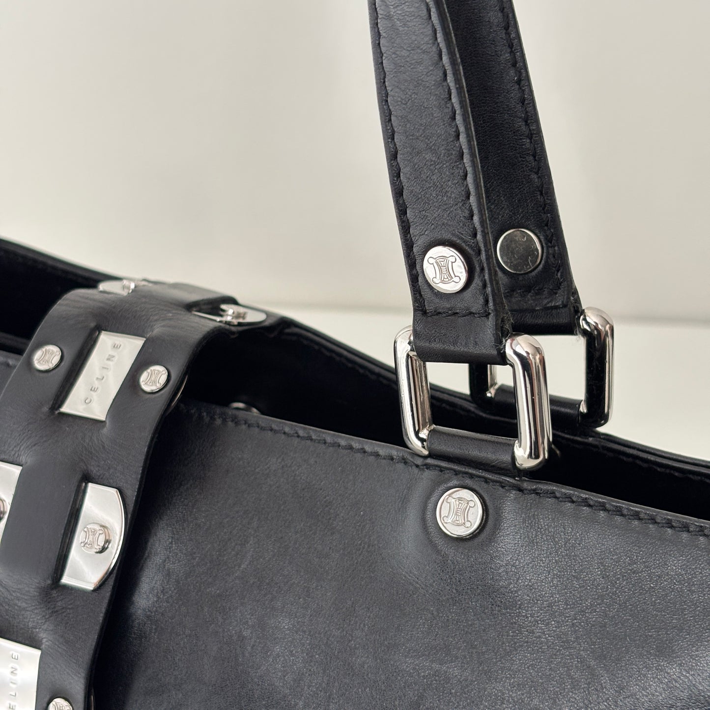 CELINE Metal Plate Buckle Leather Bag Black
