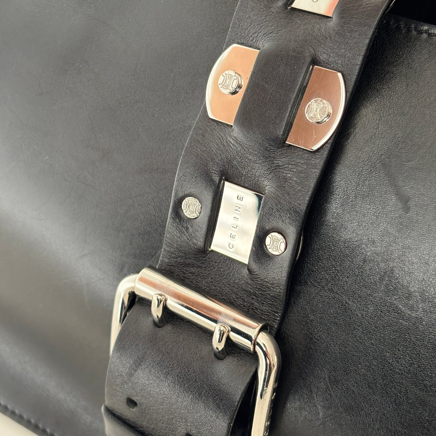CELINE Metal Plate Buckle Leather Bag Black