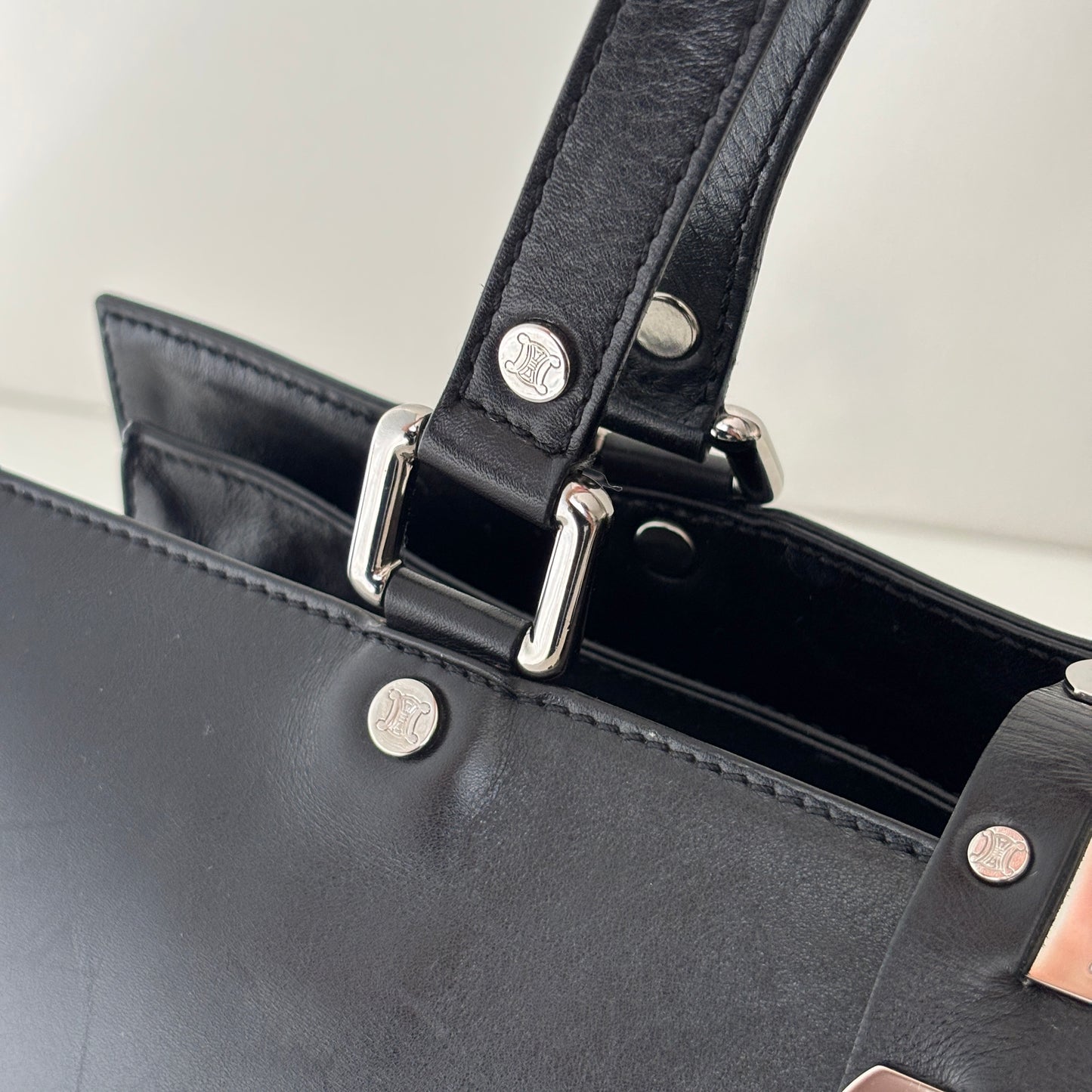 CELINE Metal Plate Buckle Leather Bag Black