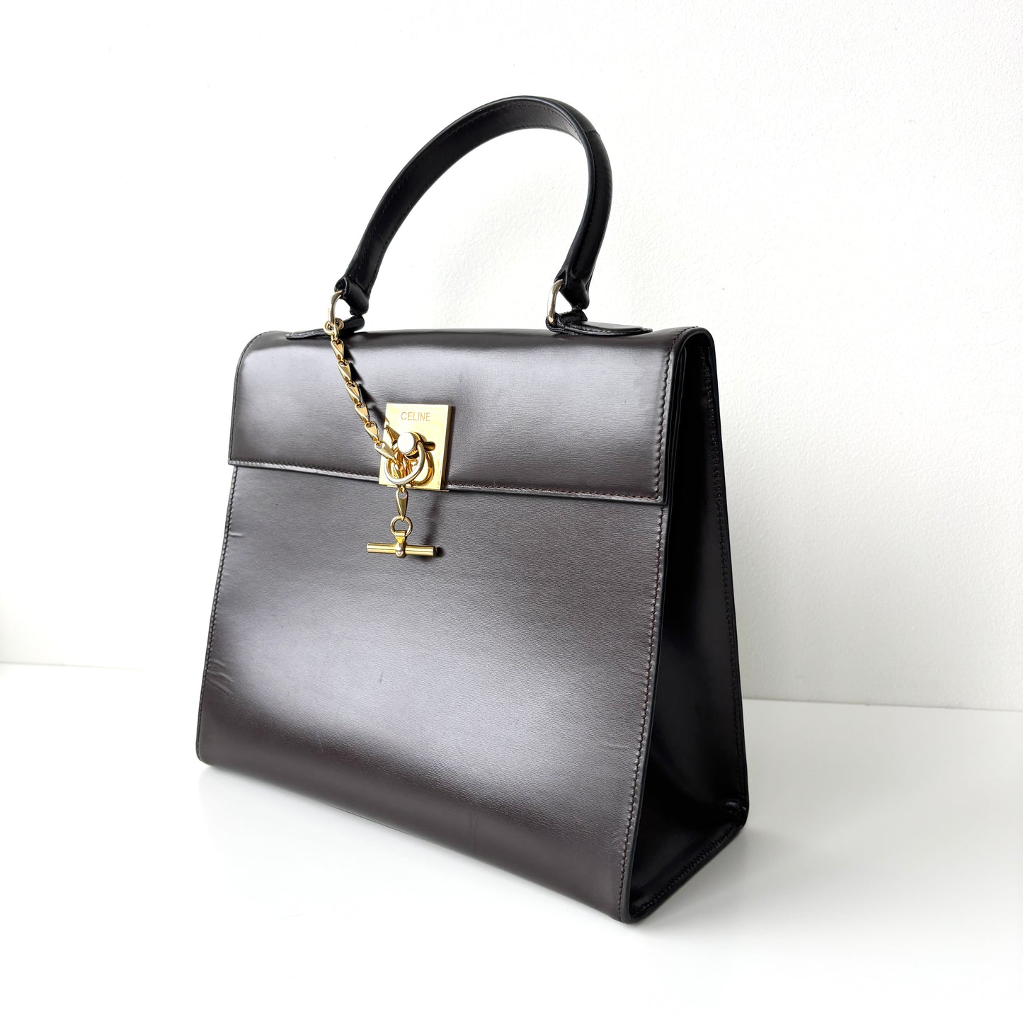 CELINE Leather Top Handle Bag Brown