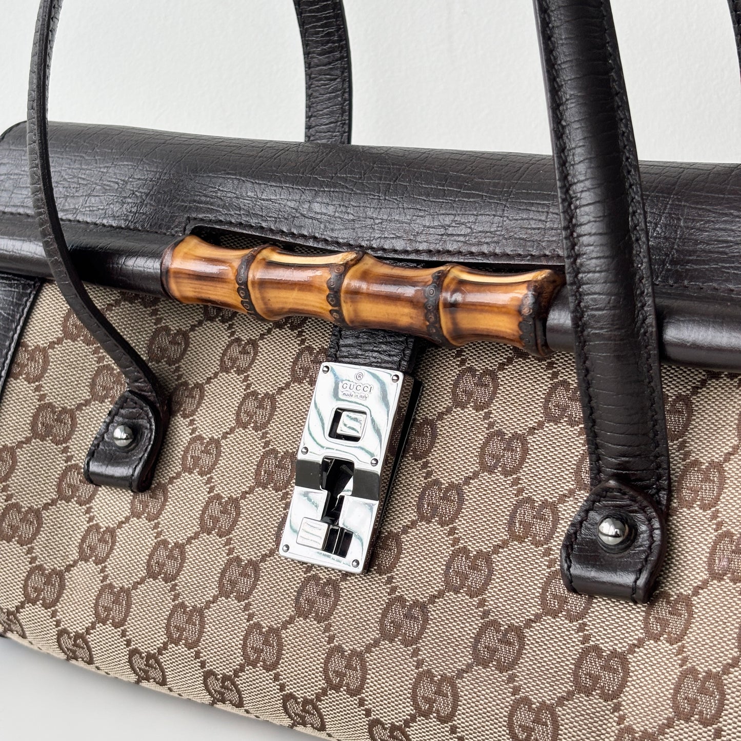 GUCCI Monogram Canvas Bamboo Bag Brown