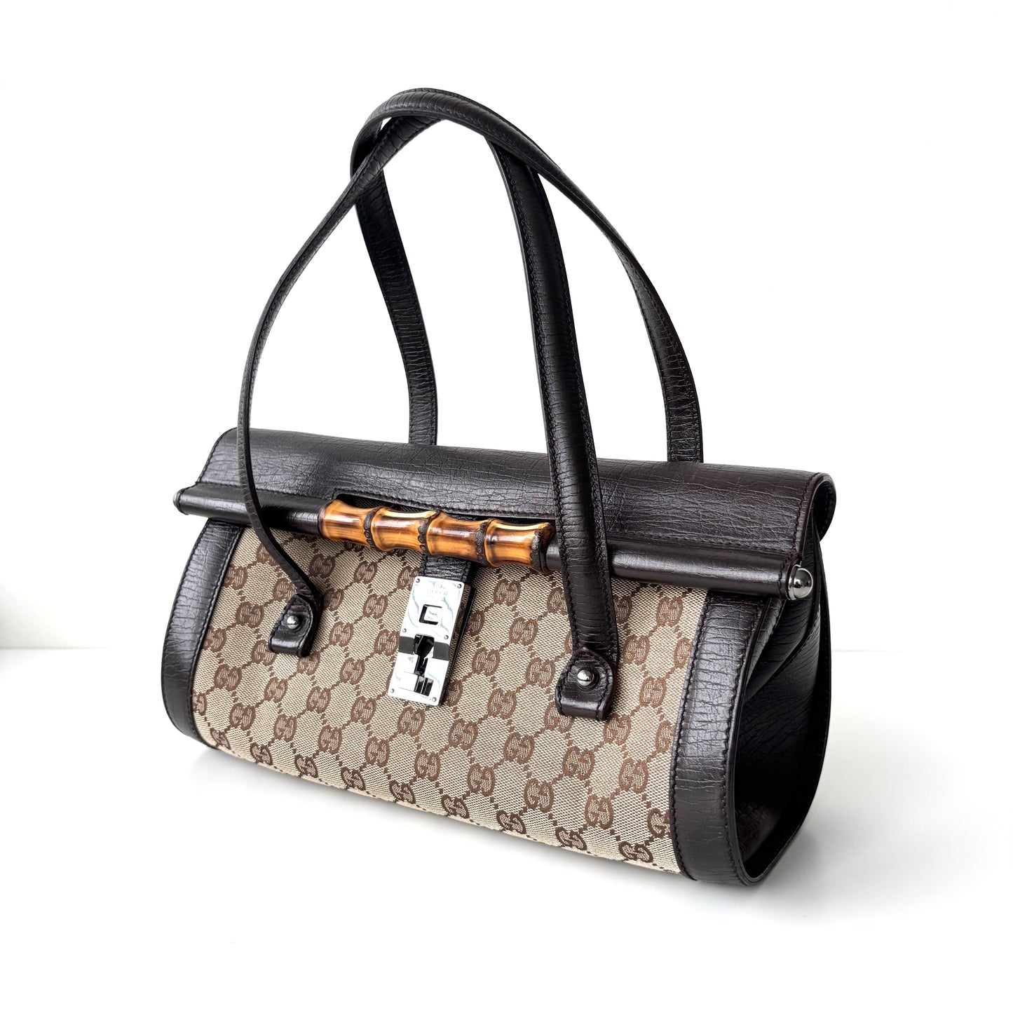 GUCCI Monogram Canvas Bamboo Bag Brown