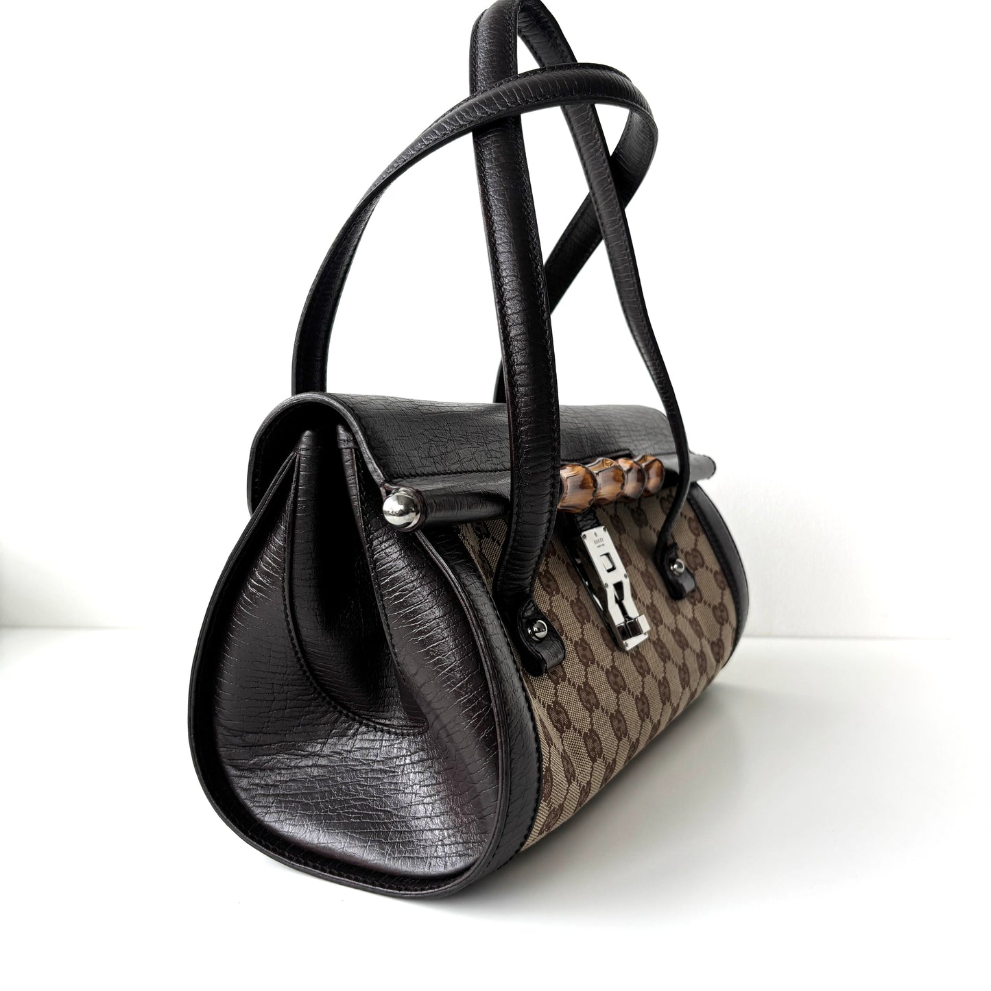 GUCCI Monogram Canvas Bamboo Bag Brown