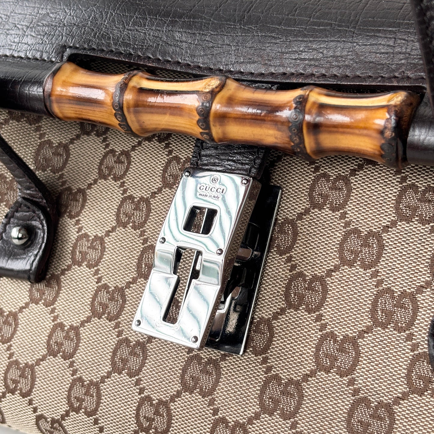 GUCCI Monogram Canvas Bamboo Bag Brown