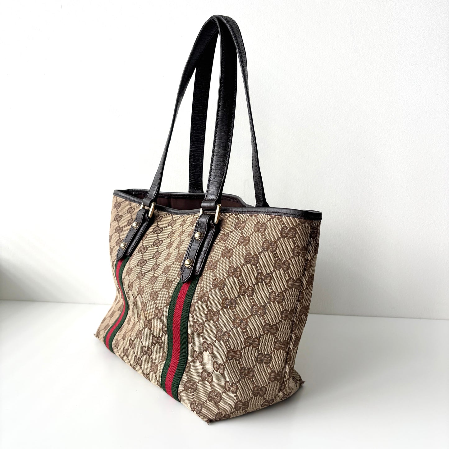 GUCCI Monogram Canvas Charm Tote Bag Beige
