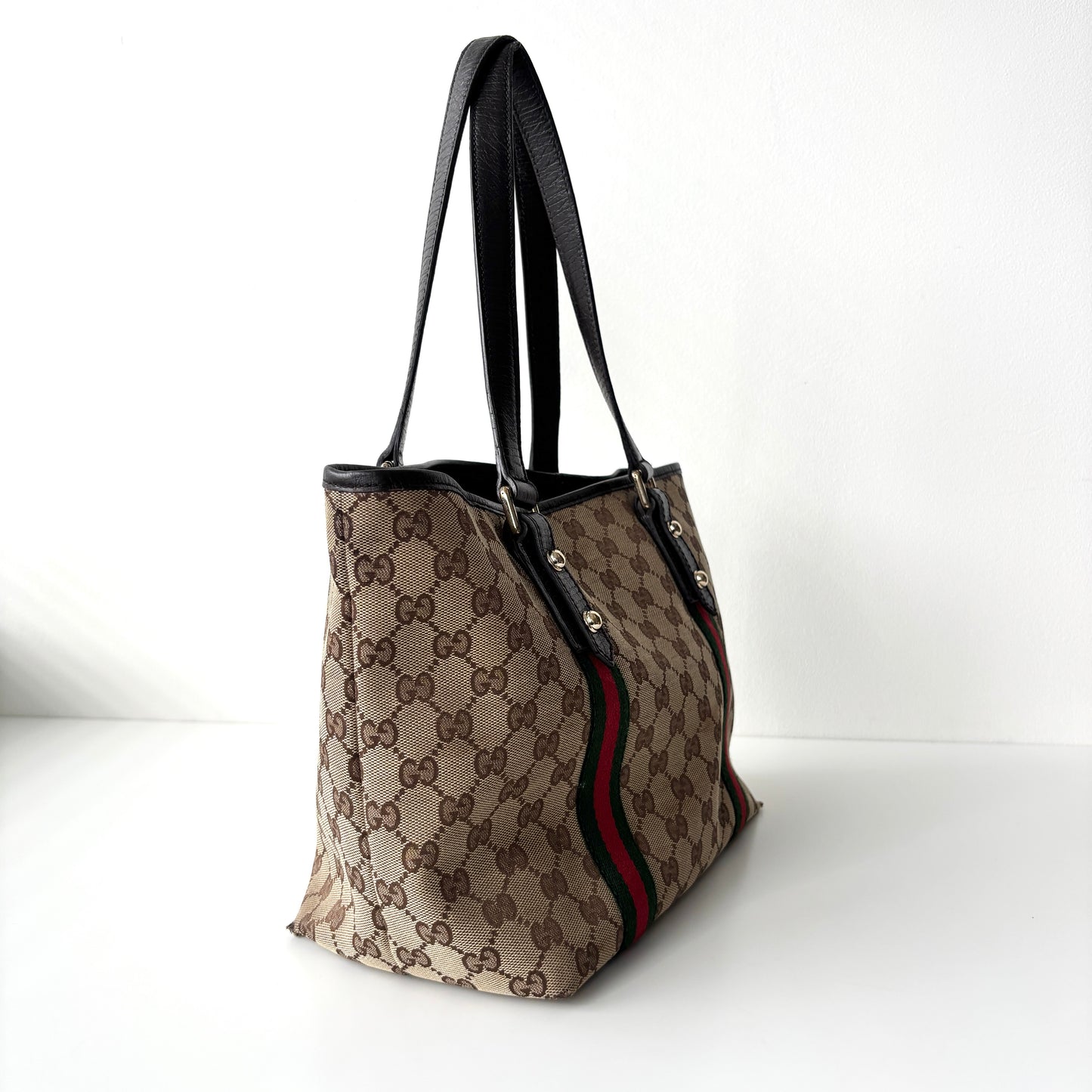 GUCCI Monogram Canvas Charm Tote Bag Beige
