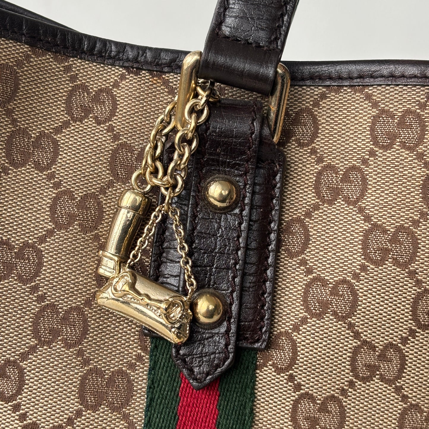 GUCCI Monogram Canvas Charm Tote Bag Beige