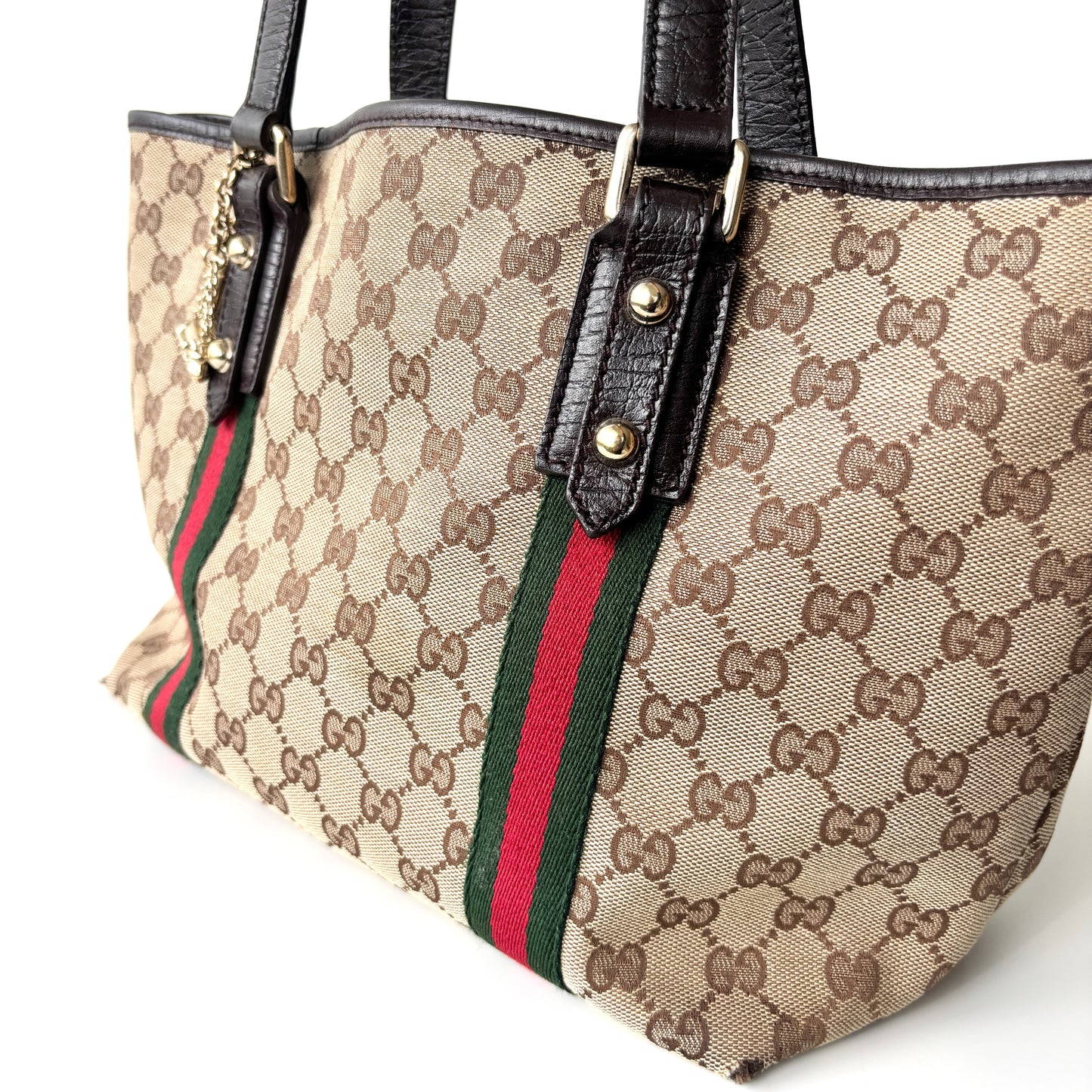 GUCCI Monogram Canvas Charm Tote Bag Beige