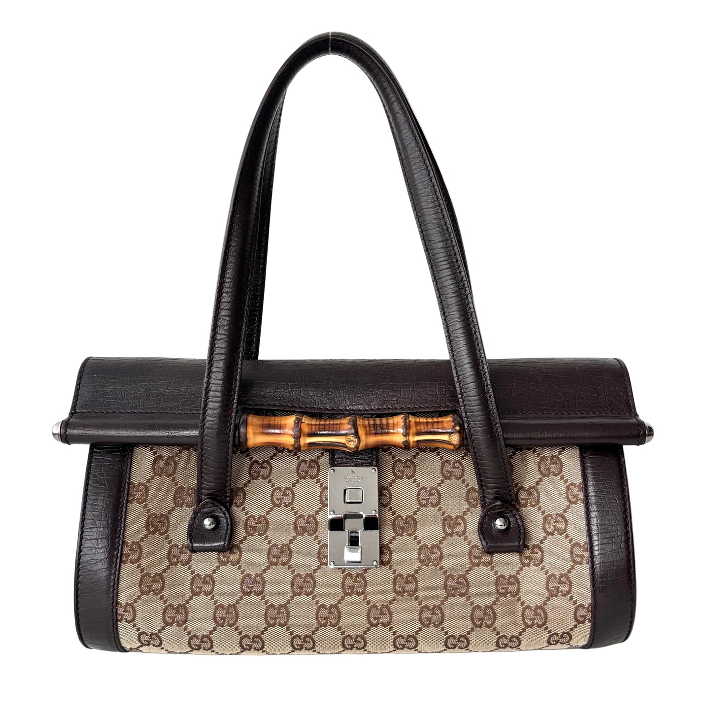 GUCCI Monogram Canvas Bamboo Bag Brown