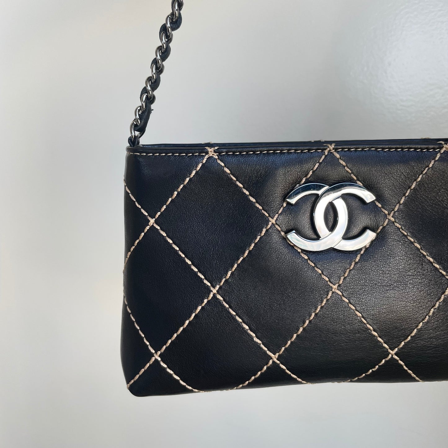 Chanel Beige Quilted Leather Wild Stitch Surpique Flap Bag