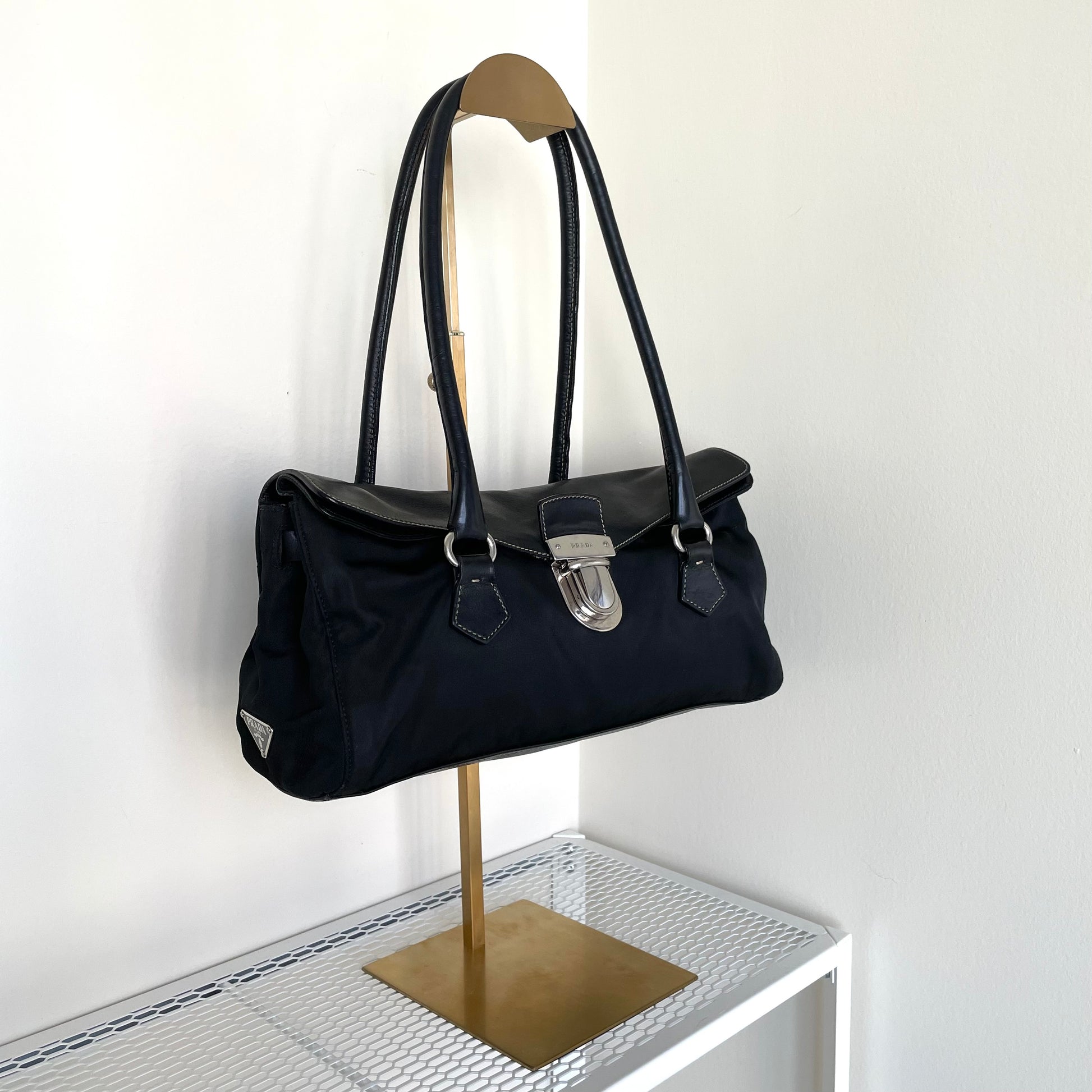 Buy Prada Tessuto Handbag Leather Trim Pochette Black 68814